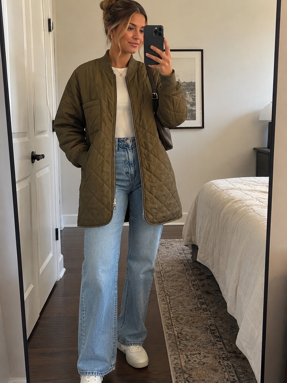 Quilted Long Bomber Jacket - Olive